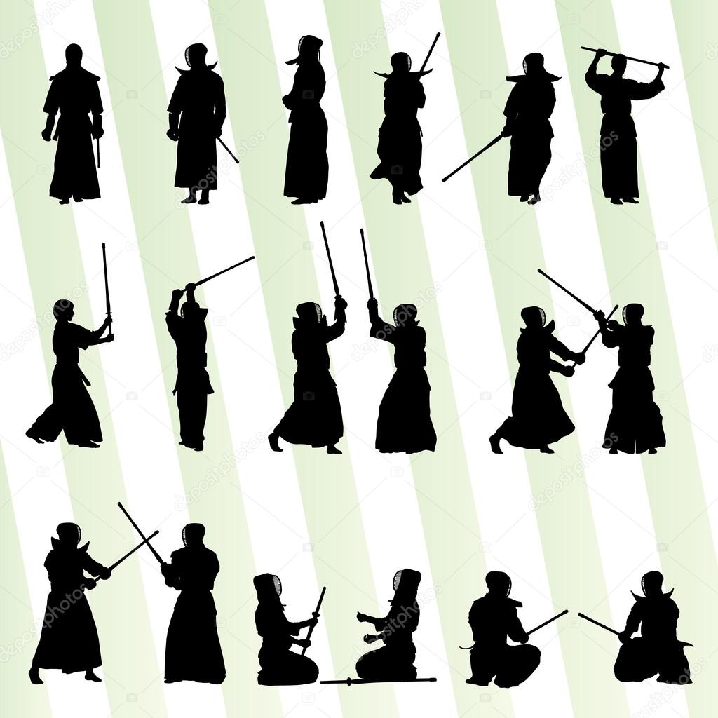 Active japanese Kendo sword martial arts fighters sport silhouet