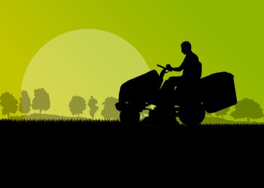 Man with lawn mower tractor cutting grass in field landscape bac clipart