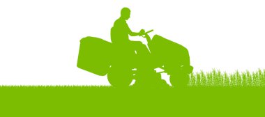 Man with lawn mower tractor cutting grass in field landscape abs clipart