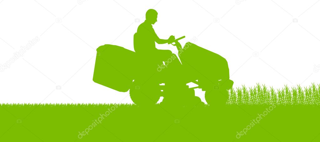 Man with lawn mower tractor cutting grass in field landscape abs