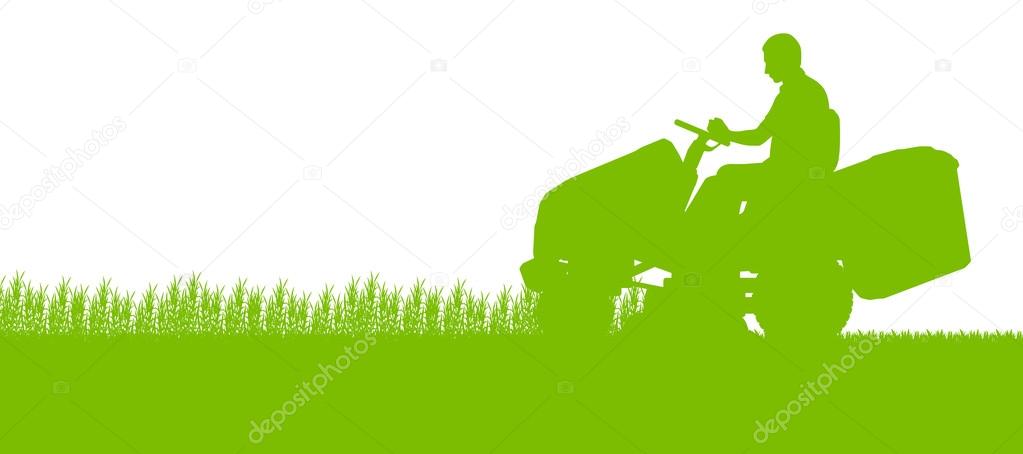 Man with lawn mower tractor cutting grass in field landscape abs