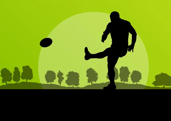 Rugby playing man silhouette in countryside nature background il — Stock Vector