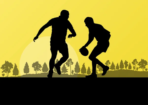 橄榄球打人剪影在农村自然背景 il — 图库矢量图片