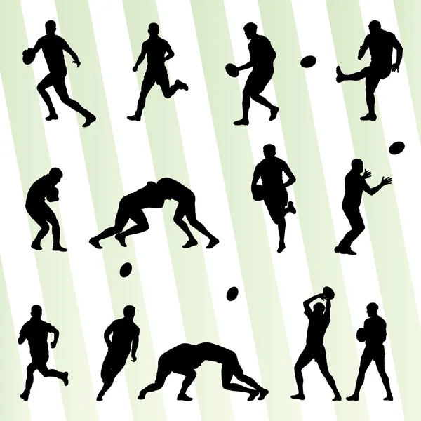 Rugby player man silhouette vector background set — Stock Vector