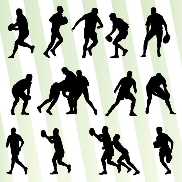 Rugby giocatore uomo silhouette vettore sfondo set — Vettoriale Stock