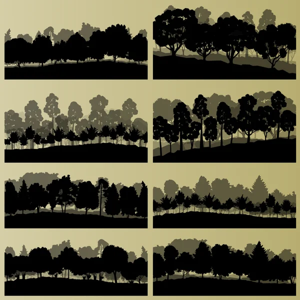 Bos bomen silhouetten illustratie collectie achtergrond — Stockvector