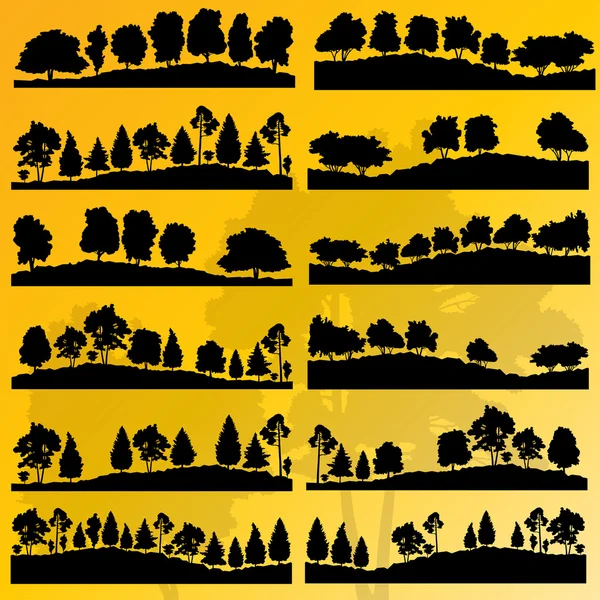 Bos bomen silhouetten illustratie collectie achtergrond — Stockvector