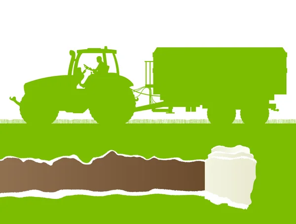 农业拖拉机与玉米拖车在耕种的国家乳膏 — 图库矢量图片