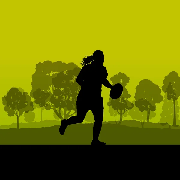 Frauen Rugby Silhouette in der Landschaft Natur Hintergrund illustrieren — Stockvektor