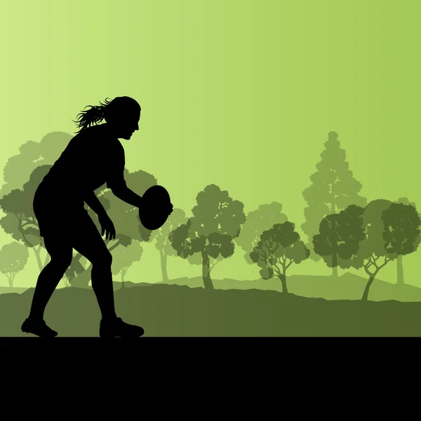 Frauen Rugby Silhouette in der Landschaft Natur Hintergrund illustrieren — Stockvektor