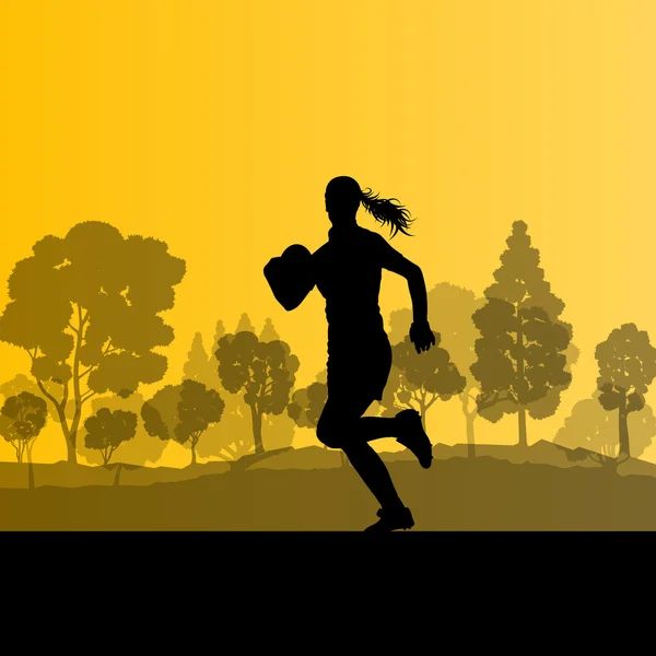 Vrouw rugby silhouet in platteland aard achtergrond illustra — Stockvector