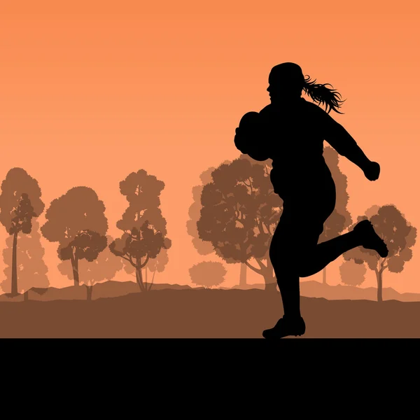 Frauen Rugby Silhouette in der Landschaft Natur Hintergrund illustrieren — Stockvektor