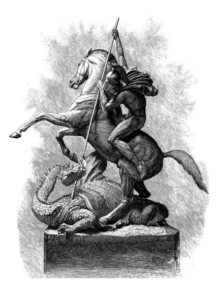 St. George and the Dragon, vintage gravada ilustração —  Vetores de Stock