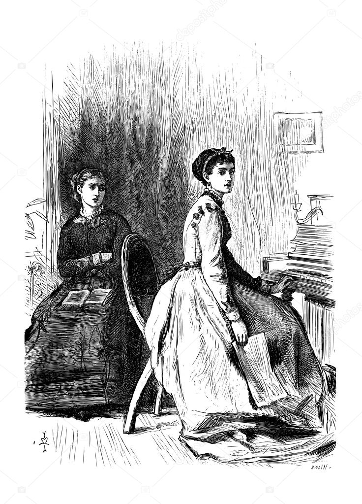 Two Fair Maidens, vintage engraved illustration
