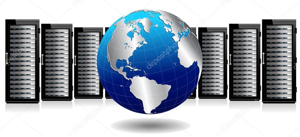 Data Storage System - Row of Network Servers with Globe