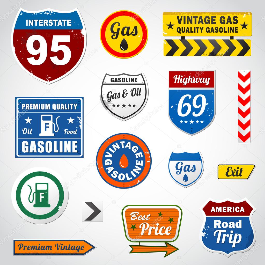 Set of vintage gasoline retro signs and labels