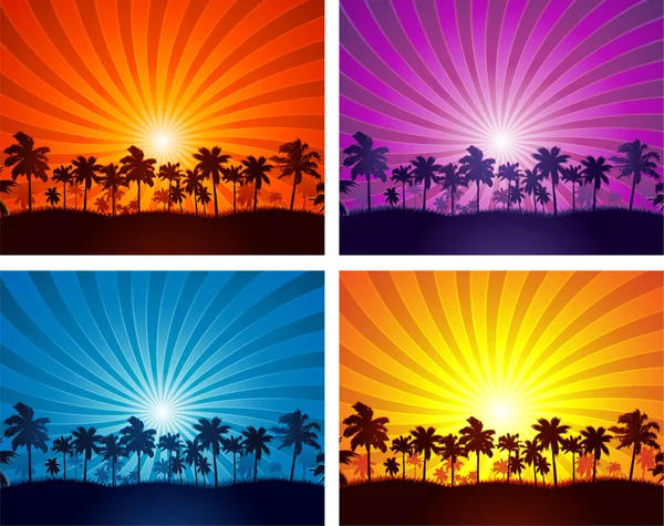 Tropische Sommer Sonnenuntergang Palmen Silhouetten — Stockvektor