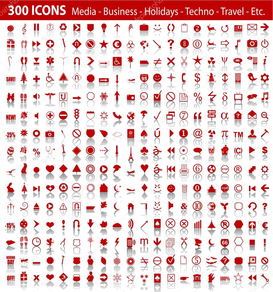Vector red 300 universal web icons set with shadow