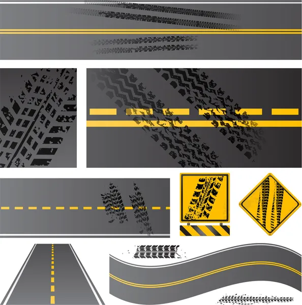 沥青道路向量与轮胎痕迹 — 图库矢量图片