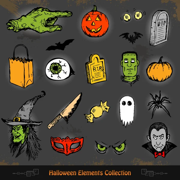 Handgezeichnete Halloween Doodles Kollektion Set — Stockvektor