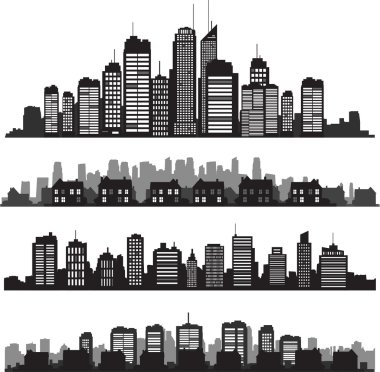 Set of vector cities silhouette and buildings clipart