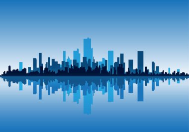 Mavi gün gökyüzünde şehir manzarası silueti. Vektör illüstrasyonu