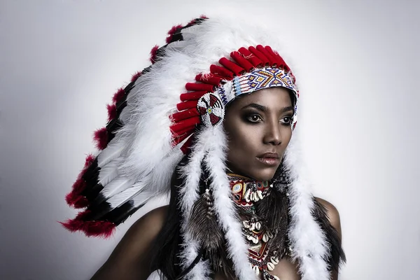 Американських індіанців жінка модель дівчина студії портрет носіння війни Бонне Ліцензійні Стокові Зображення