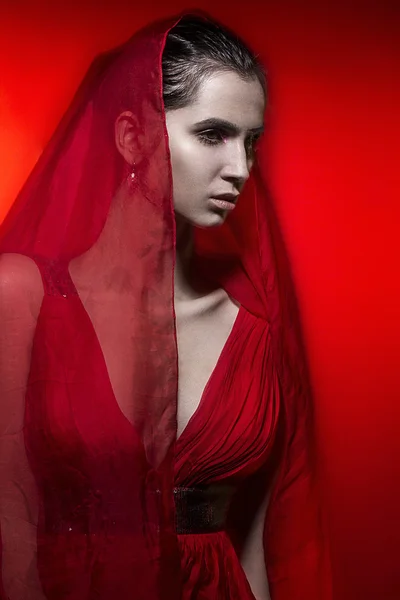 Mulher morena quente bonita em vestido vermelho na moda retrato vermelho — Fotografia de Stock