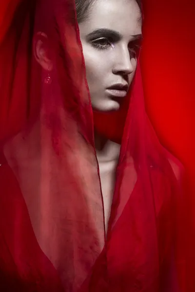 Красива гаряча брюнетка в червоній сукні на червоній портретній моді — стокове фото