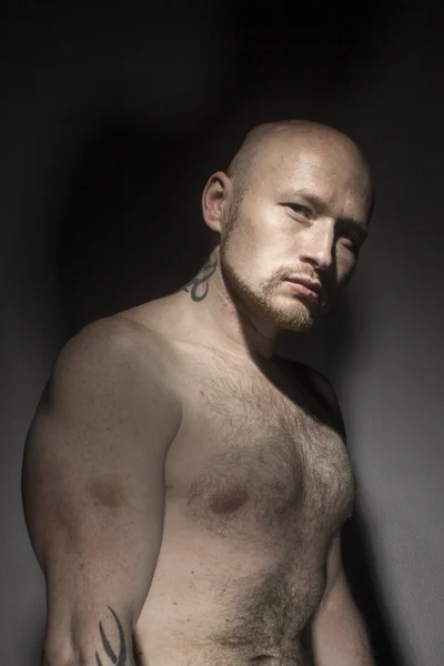 Retrato de um homem muscular careca posando contra fundo escuro — Fotografia de Stock