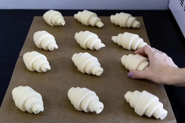 Croissants Utworzone Surowego Ciasta Leżą Rzędach Papierze Pieczenia Przed Wysłaniem — Zdjęcie stockowe