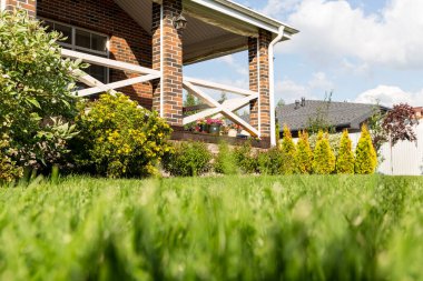 Çevresinde yeşil ekili dekoratif bahçe olan güzel bir yazlık ev. Huzurlu banliyö yaşam tarzı