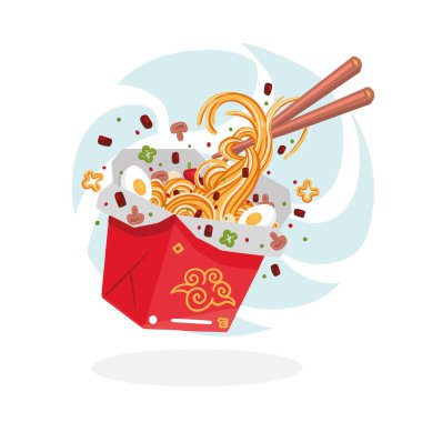 Asian Noodle in red box. Cartoon vector illustration. Isolated on white background. Design for poster, banner, menu, cafe and web.Asian food in box illustration. clipart