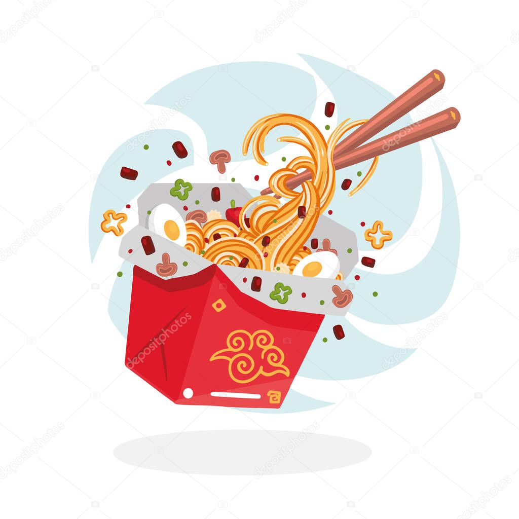 Asian Noodle in red box. Cartoon vector illustration. Isolated on white background. Design for poster, banner, menu, cafe and web.Asian food in box illustration.