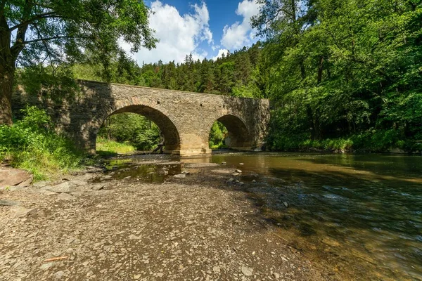 Rabstejn nad Strelou, Çek Cumhuriyeti - 12 Haziran 2022: Strela nehri üzerindeki tarihi kumtaşı köprüsü, Çek Cumhuriyeti 'nin ikinci en eski köprüsü. Güneşli yaz günü.