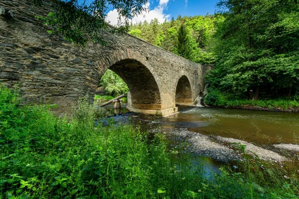 Rabstejn nad Strelou, Çek Cumhuriyeti - 12 Haziran 2022: Strela nehri üzerindeki tarihi kumtaşı köprüsü, Çek Cumhuriyeti 'nin ikinci en eski köprüsü. Güneşli yaz günü.