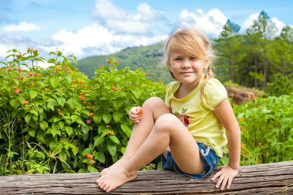 Niño feliz se sienta en un tronco en el fondo de las montañas —  Fotos de Stock