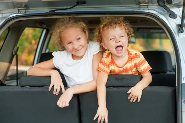 Twee gelukkige jonge geitjes in de auto — Stockfoto