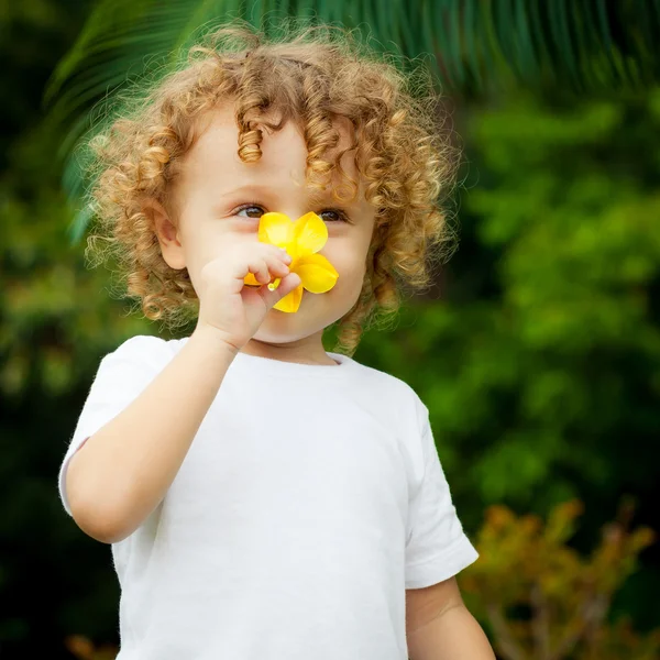 Retrato de um menino com flor na mão — Fotografia de Stock