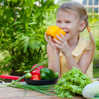 bir tavada sebze (salatalık, biber, domates, onio holding kız