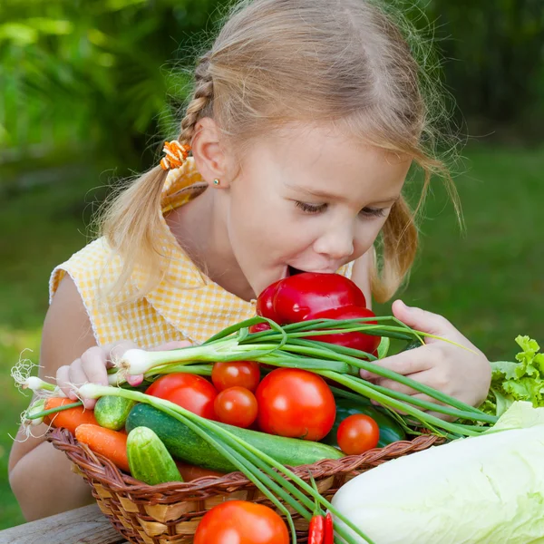 Menina segurando uma cesta de legumes (pepino, pimenta, tomate, o — Fotografia de Stock