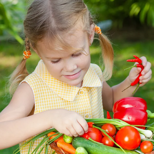 Menina segurando uma cesta de legumes (pepino, pimenta, tomate, o — Fotografia de Stock