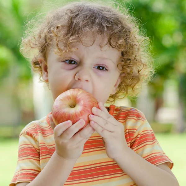 Little boy standing on the grass and holding apple — Stock Photo, Image