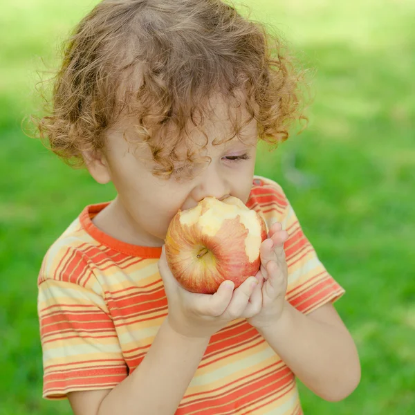 Little boy standing on the grass and holding apple — Stock Photo, Image