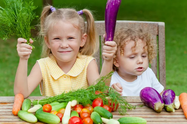 Dwa szczęśliwe małe dzieci z warzywami. koncepcja zdrowej żywności. — Zdjęcie stockowe