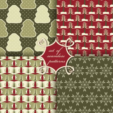 Dekoratif Noel ağaçları, soyut desenler, kar taneleri. Kusursuz Noel vektör çizimleri kümesi. 