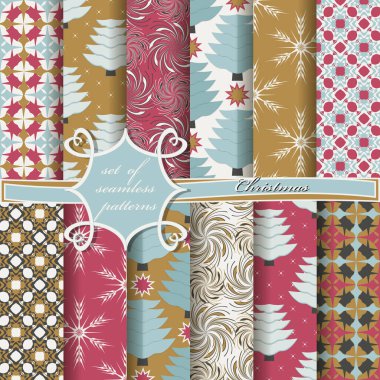 Dekoratif Noel ağaçları, soyut desenler, kar taneleri, yıldızlar. Kusursuz Noel vektör çizimleri kümesi. 