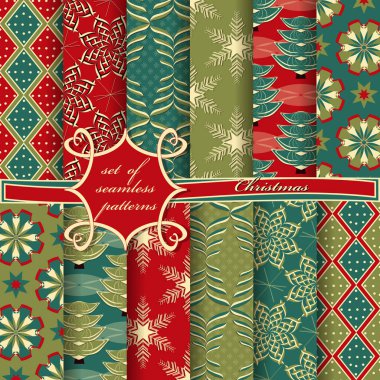 Dekoratif Noel ağaçları, soyut desenler, kar taneleri, yıldızlar. Kusursuz Noel vektör çizimleri kümesi. 