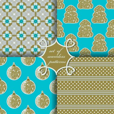 Dekoratif Noel ağaçları, balolar, soyut desenler. Kusursuz Noel vektör çizimleri kümesi.