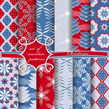 Dekoratif Noel ağaçları, soyut desenler, kar taneleri, yıldızlar. Kusursuz Noel vektör çizimleri kümesi. 